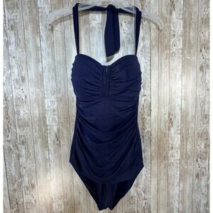 Tommy‎ Bahama One Piece Swimsuit Navy Blue Padded Bra Ruched Halter Sz Large